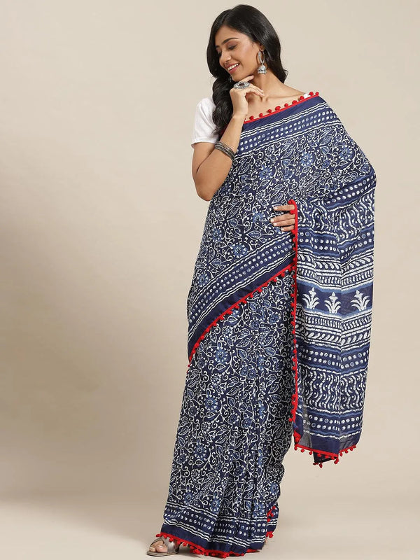 Blue Printed Cotton Saree - Jashvi