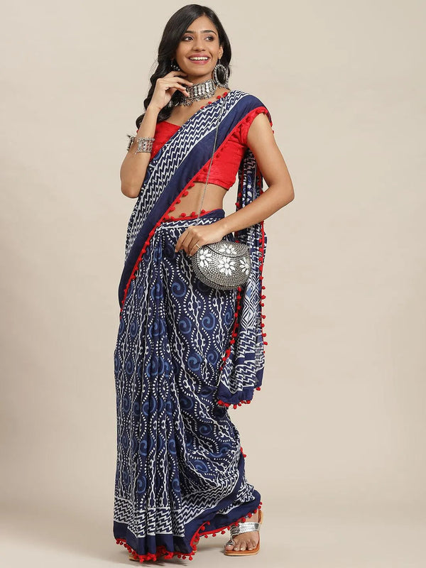 Blue Printed Cotton Saree - Jashvi