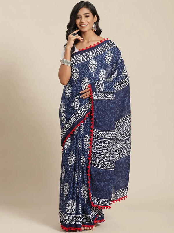 Blue Printed Cotton Saree - Jashvi