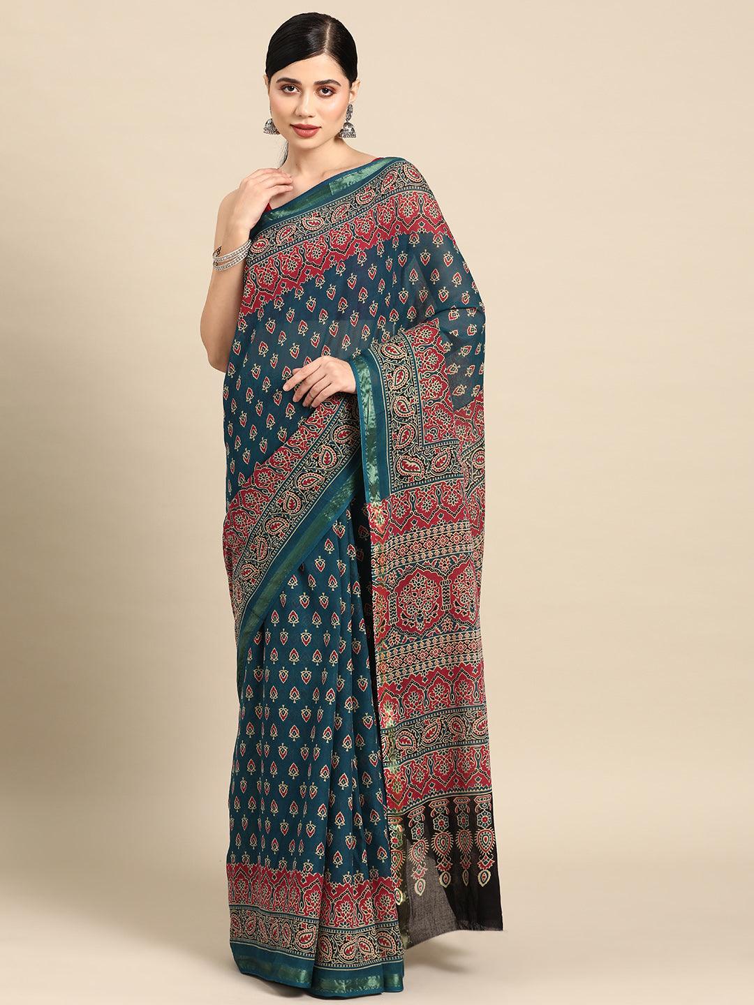 Blue Printed Cotton Saree - Jashvi