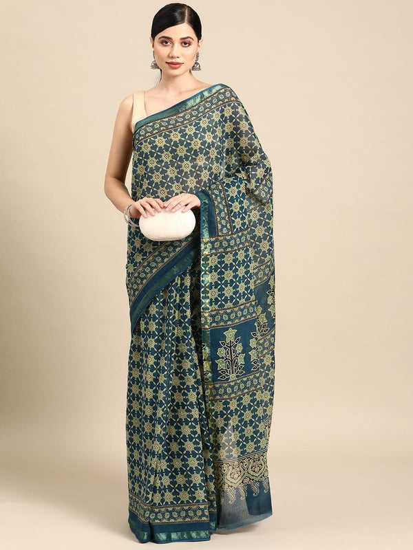 Blue Printed Cotton Saree - Jashvi