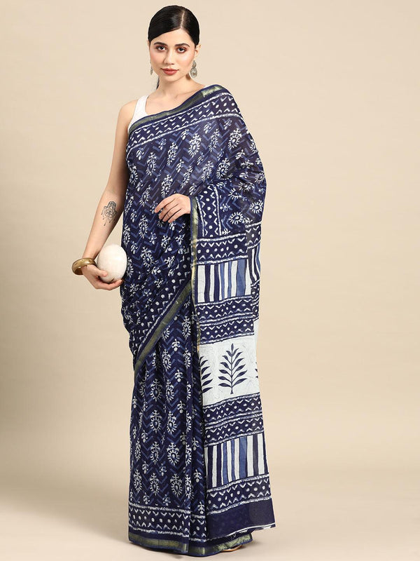 Blue Printed Cotton Saree - Jashvi