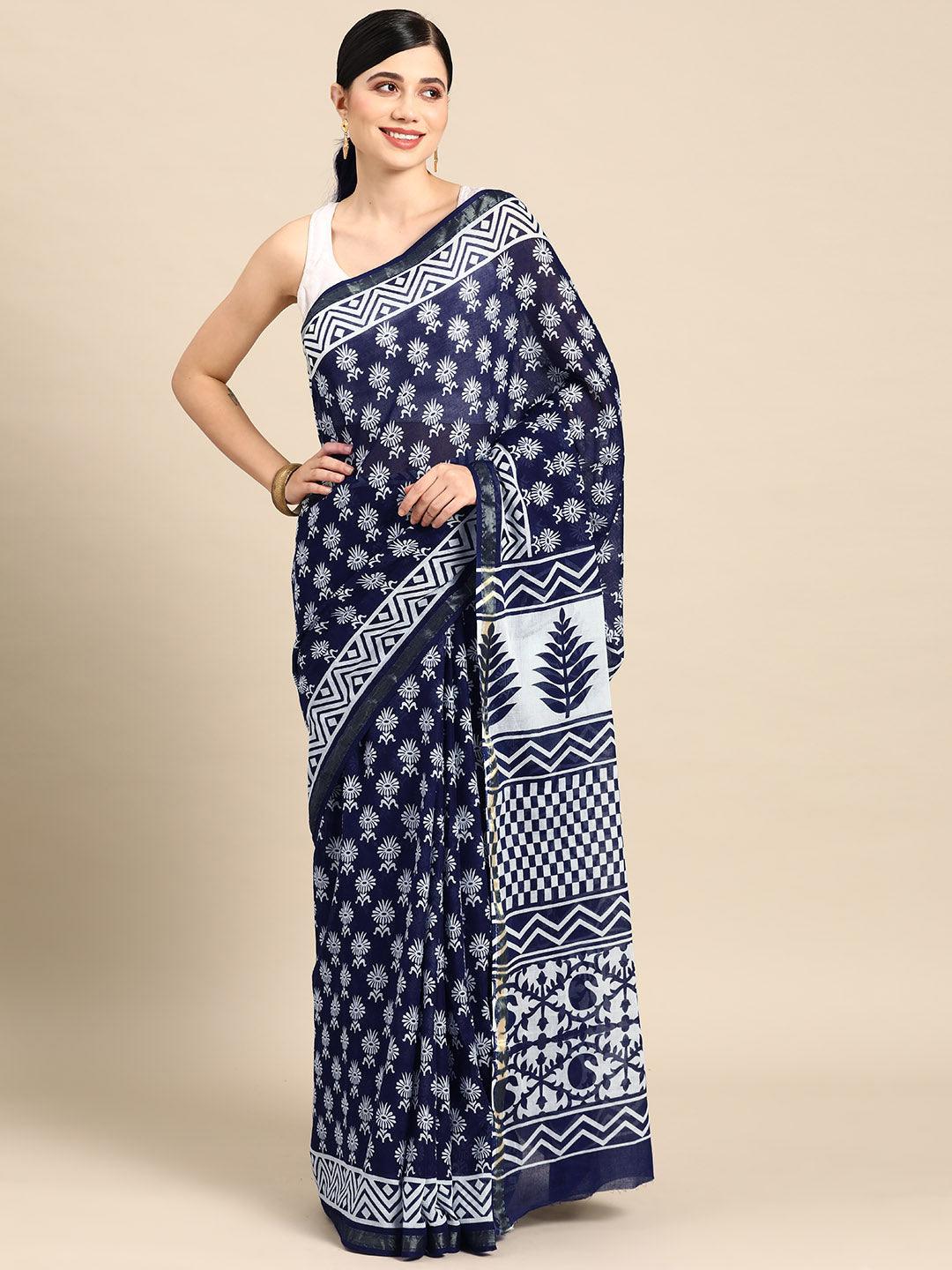 Blue Printed Cotton Saree - Jashvi