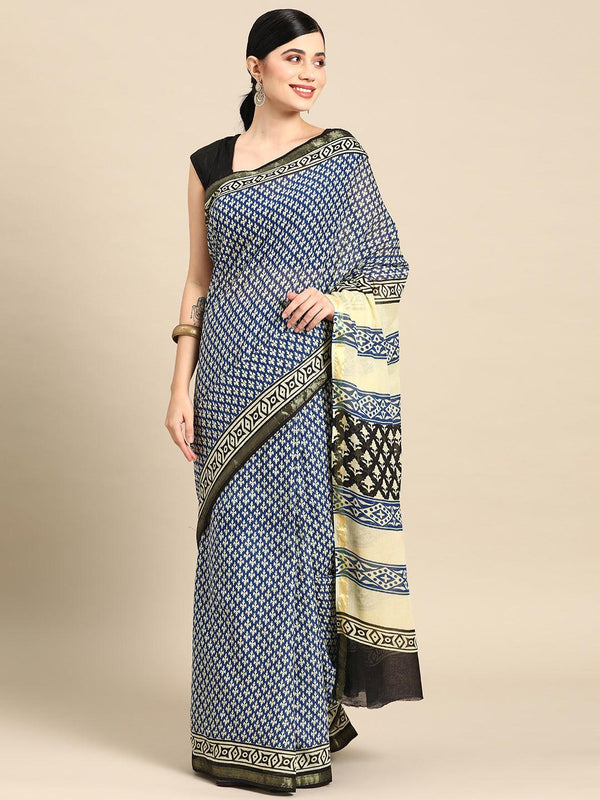 Blue Printed Cotton Saree - Jashvi