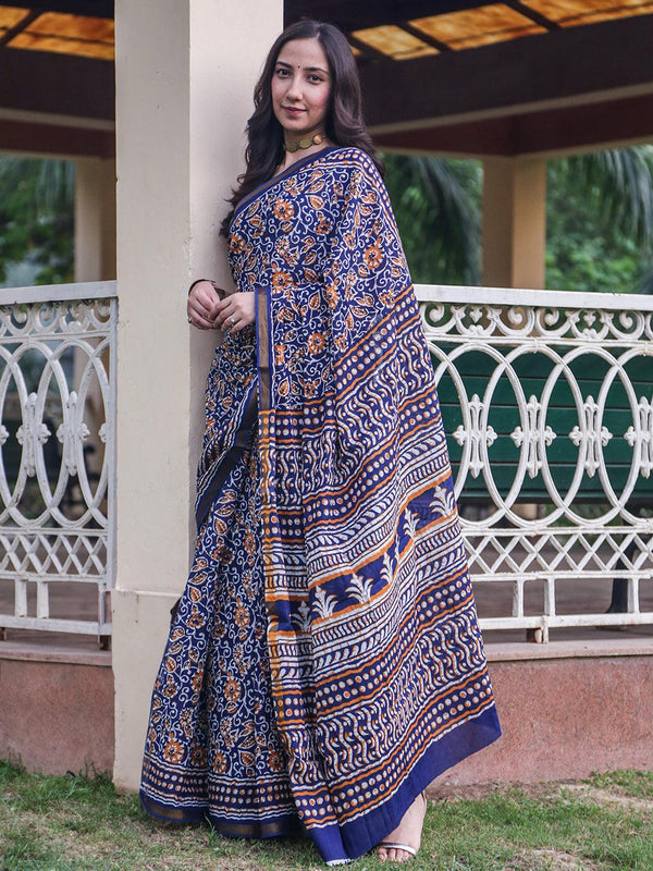 Blue Printed Cotton Saree - Jashvi