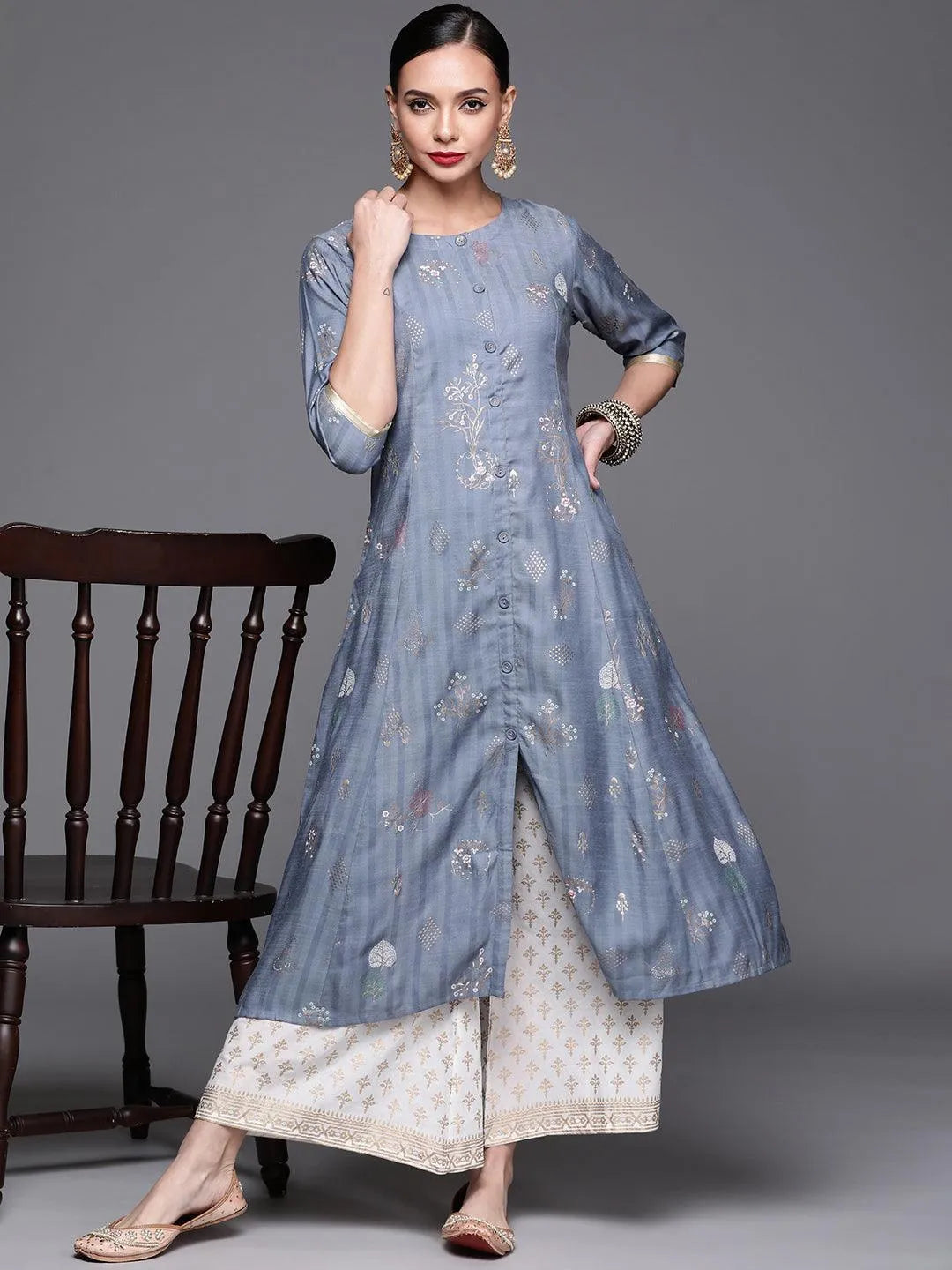 Blue Printed Cotton Silk Kurta - Jashvi