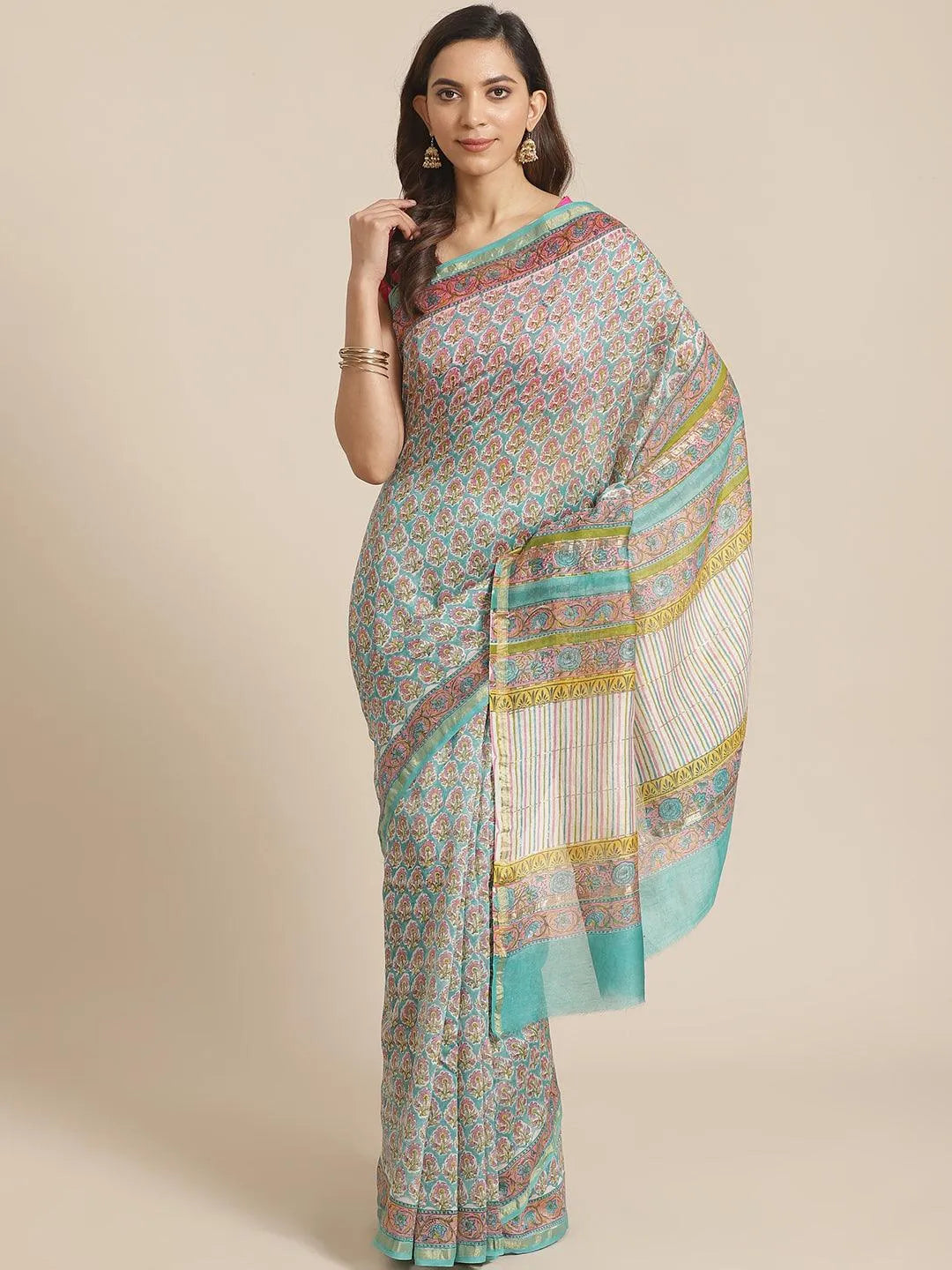 Blue Printed Cotton Silk Saree - Jashvi