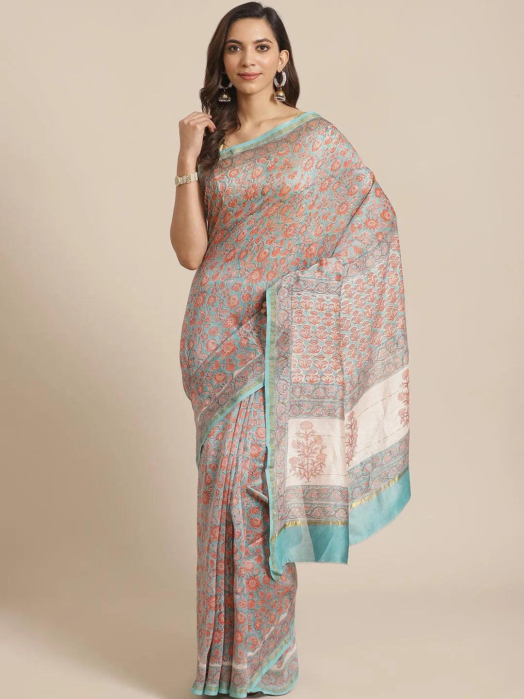 Blue Printed Cotton Silk Saree - Jashvi