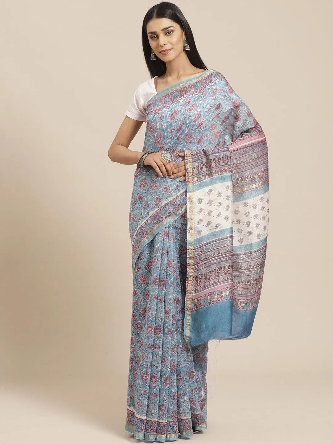 Blue Printed Cotton Silk Saree - Jashvi