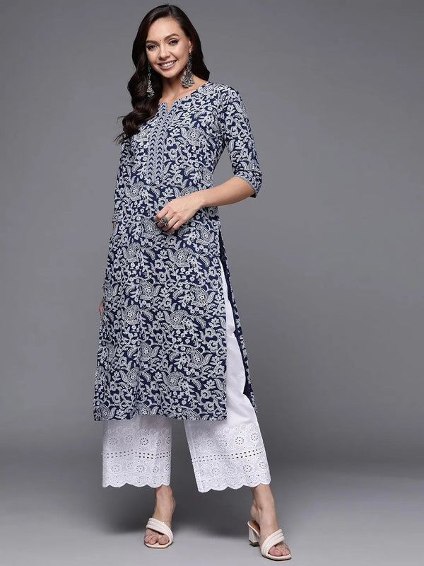 Blue Printed Cotton Straight Kurta - Jashvi