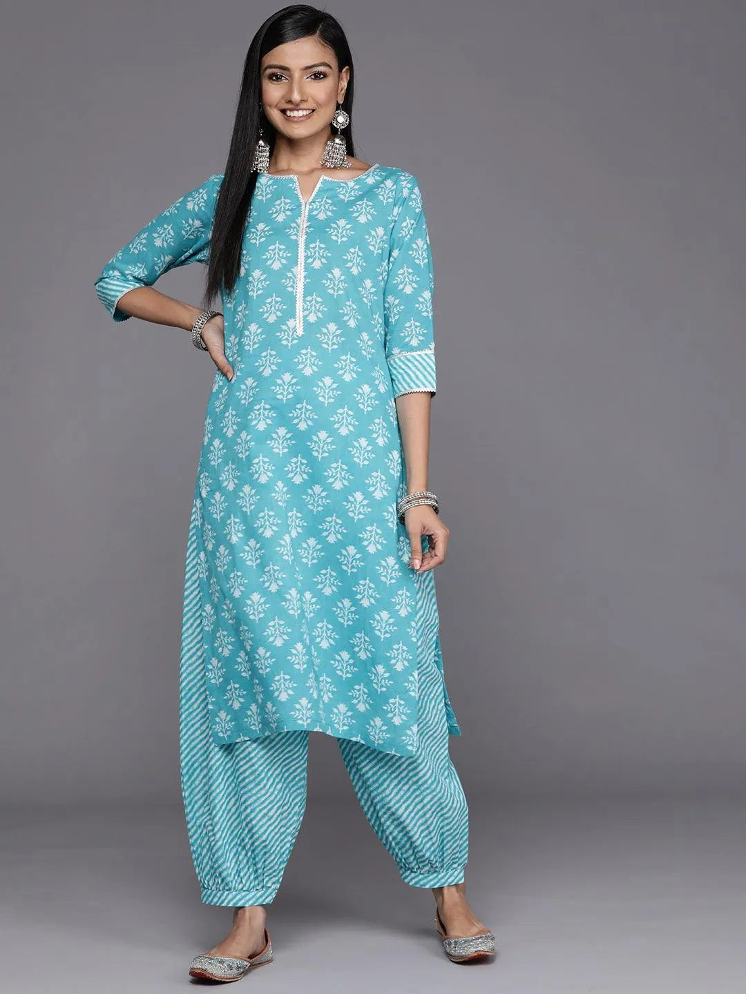 Blue Printed Cotton Straight Kurta - Jashvi