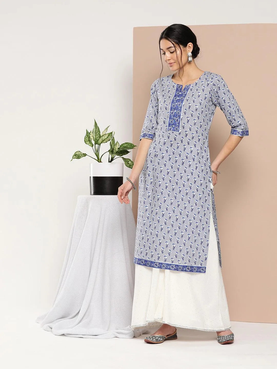 Blue Printed Cotton Straight Kurta - Jashvi