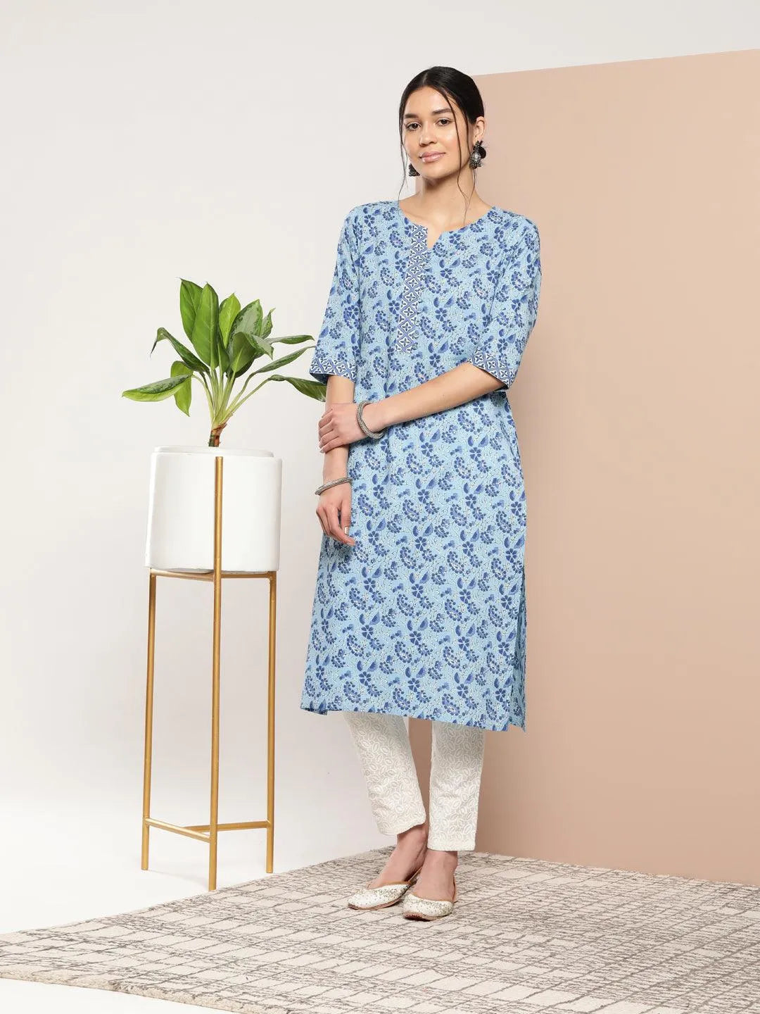 Blue Printed Cotton Straight Kurta - Jashvi