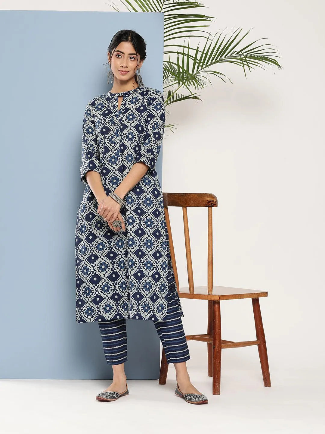 Blue Printed Cotton Straight Kurta - Jashvi