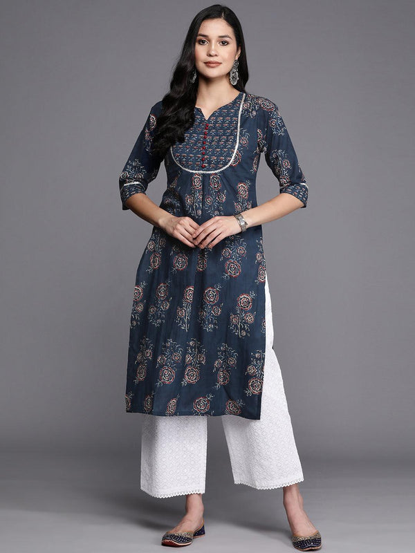 Blue Printed Cotton Straight Kurta - Jashvi