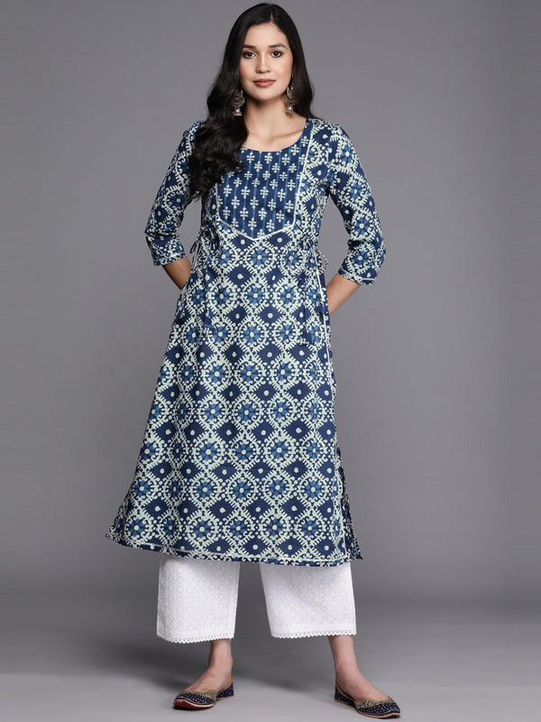 Blue Printed Cotton Straight Kurta - Jashvi