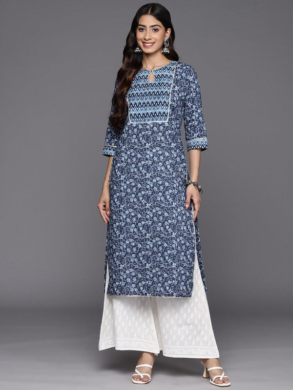 Blue Printed Cotton Straight Kurta - Jashvi