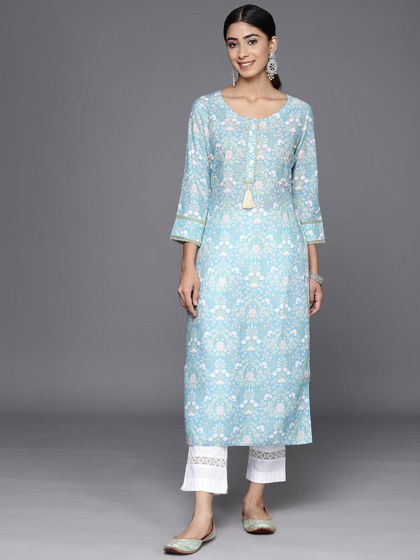 Blue Printed Cotton Straight Kurta - Jashvi