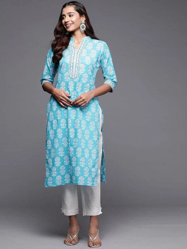 Blue Printed Cotton Straight Kurta - Jashvi