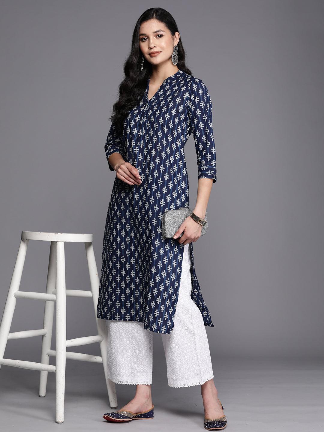 Blue Printed Cotton Straight Kurta - Jashvi