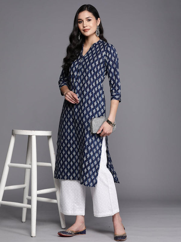 Blue Printed Cotton Straight Kurta - Jashvi