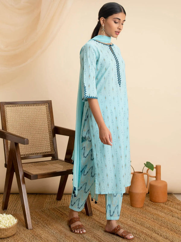 Blue Printed Cotton Suit Set - Jashvi