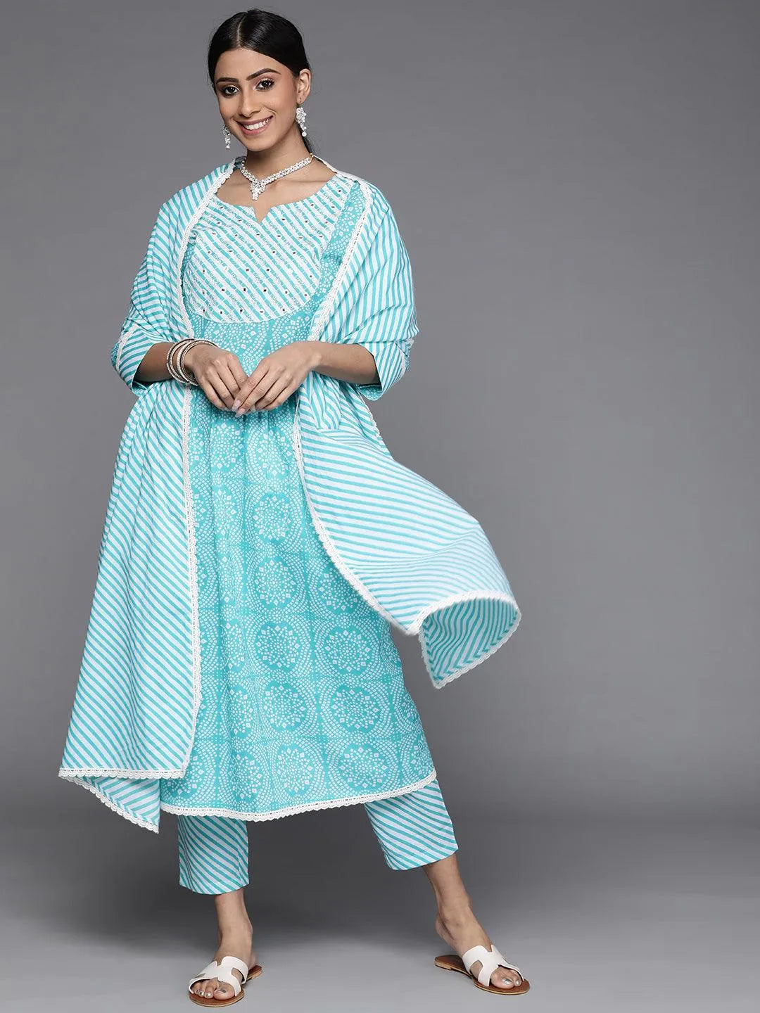 Blue Printed Cotton Suit Set - Jashvi