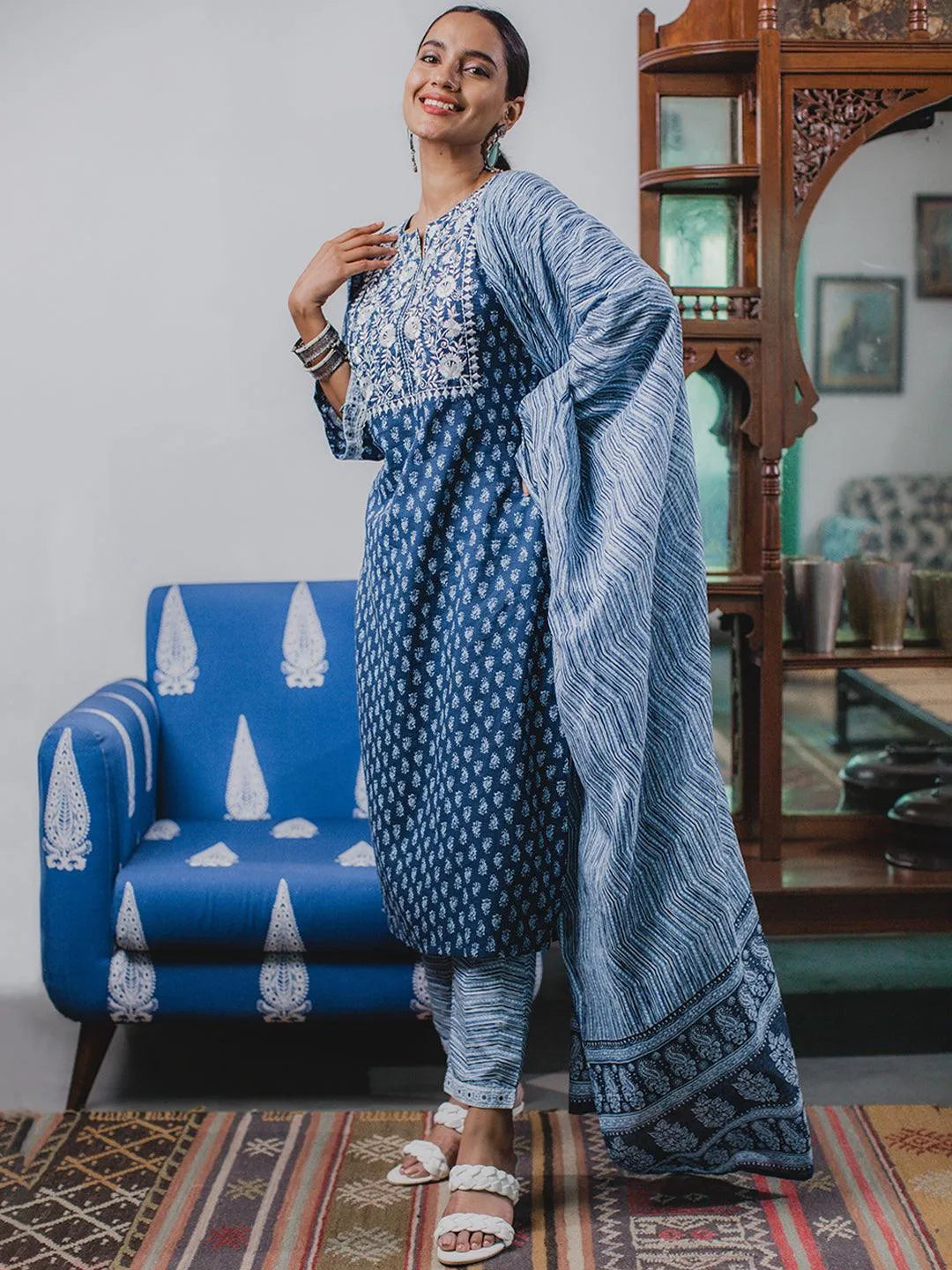 Blue Printed Cotton Suit Set - Jashvi