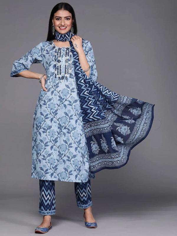 Blue Printed Cotton Suit Set - Jashvi