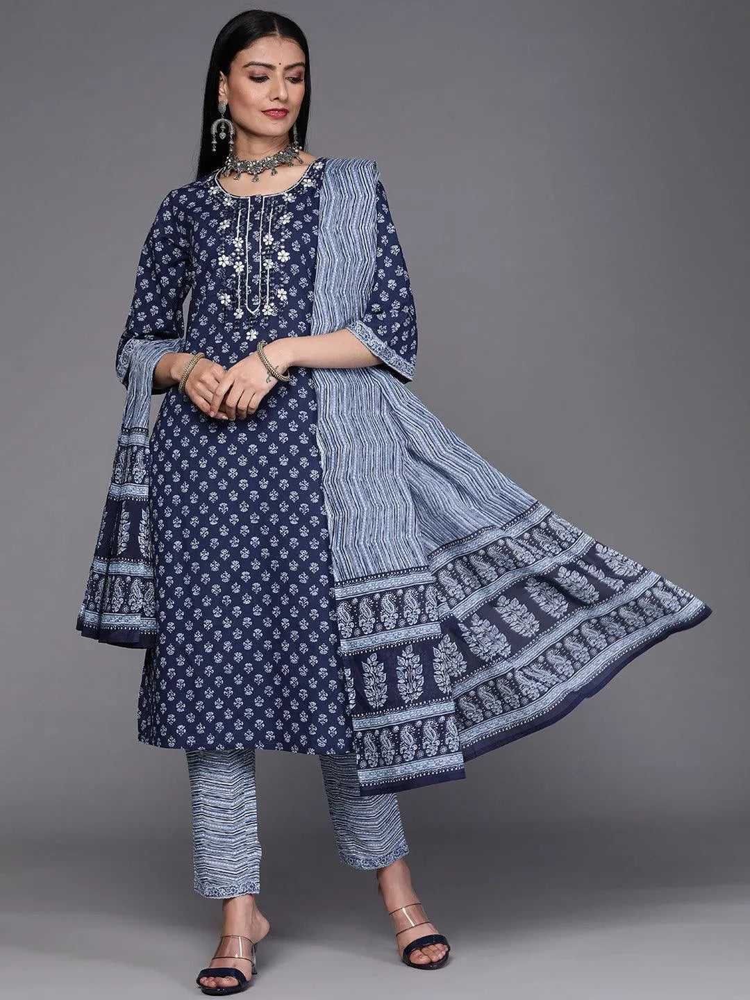 Blue Printed Cotton Suit Set - Jashvi