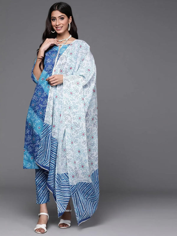 Blue Printed Cotton Suit Set - Jashvi