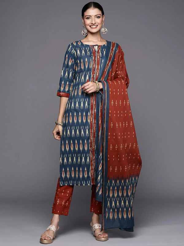 Blue Printed Cotton Straight Suit Set - Jashvi