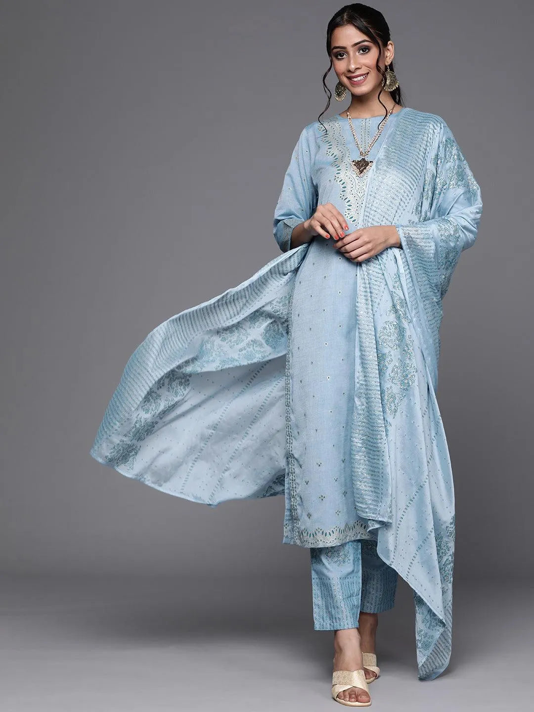 Blue Printed Cotton Suit Set - Jashvi