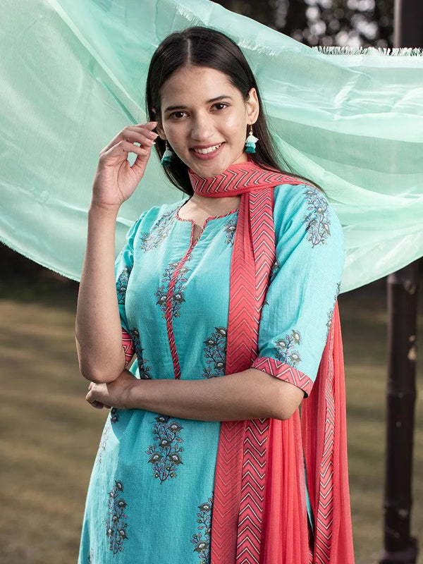 Blue Printed Cotton Straight Kurta With Palazzos & Dupatta