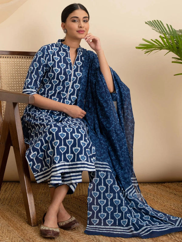 Blue Printed Cotton Suit Set - Jashvi