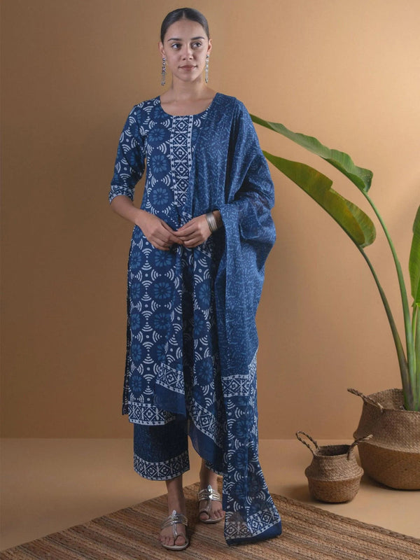 Blue Printed Cotton Suit Set - Jashvi