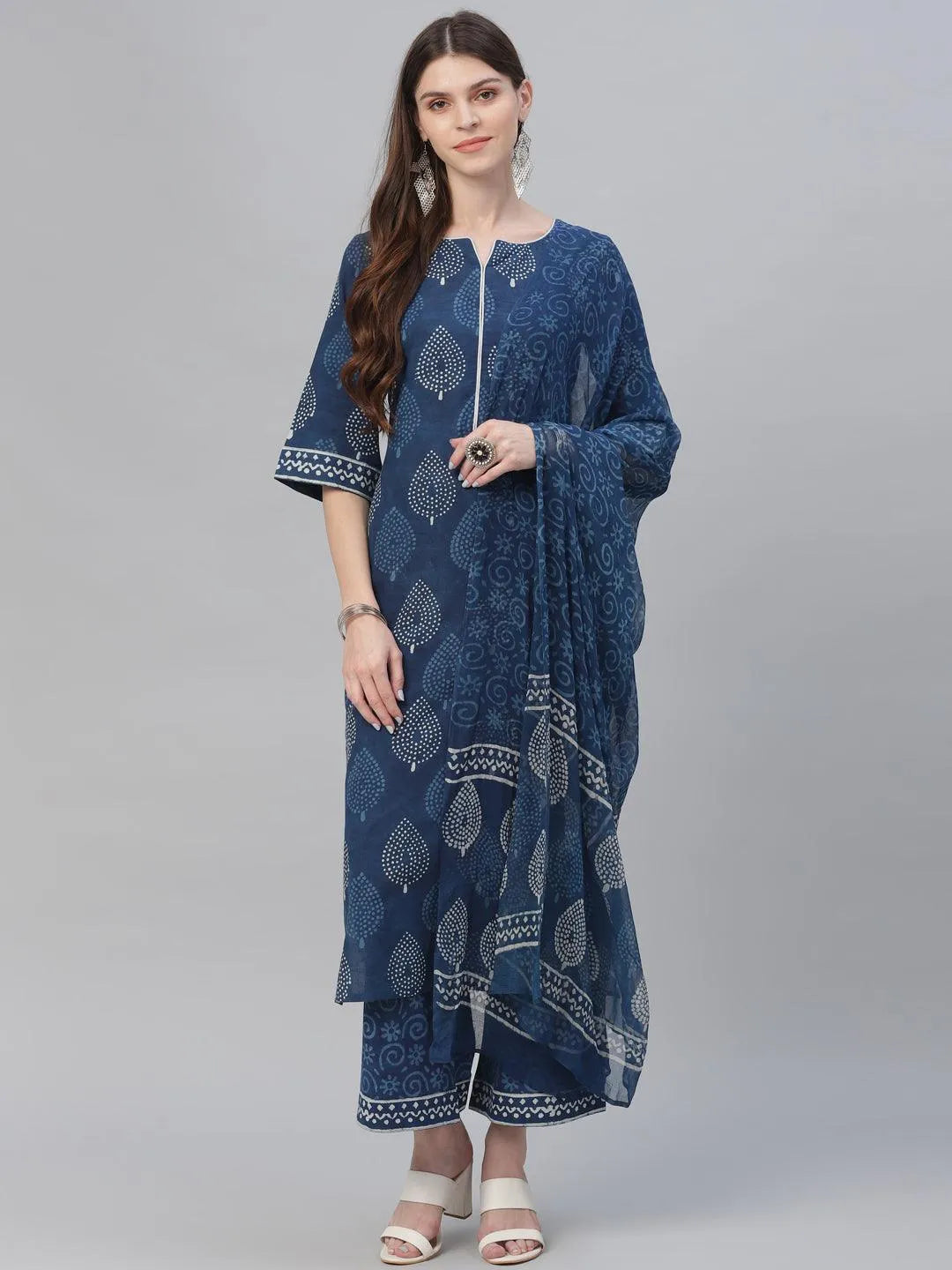 Blue Printed Cotton Suit Set - Jashvi