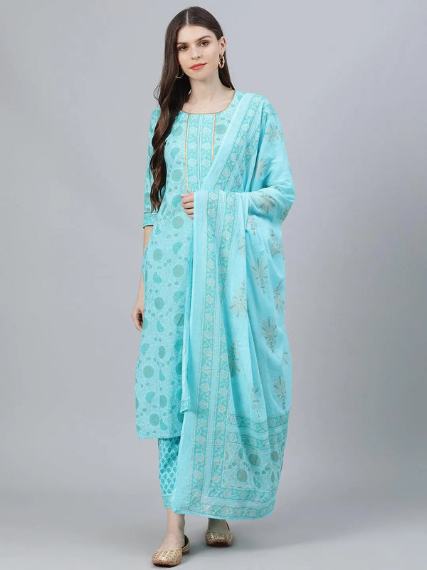 Blue Printed Cotton Suit Set - Jashvi