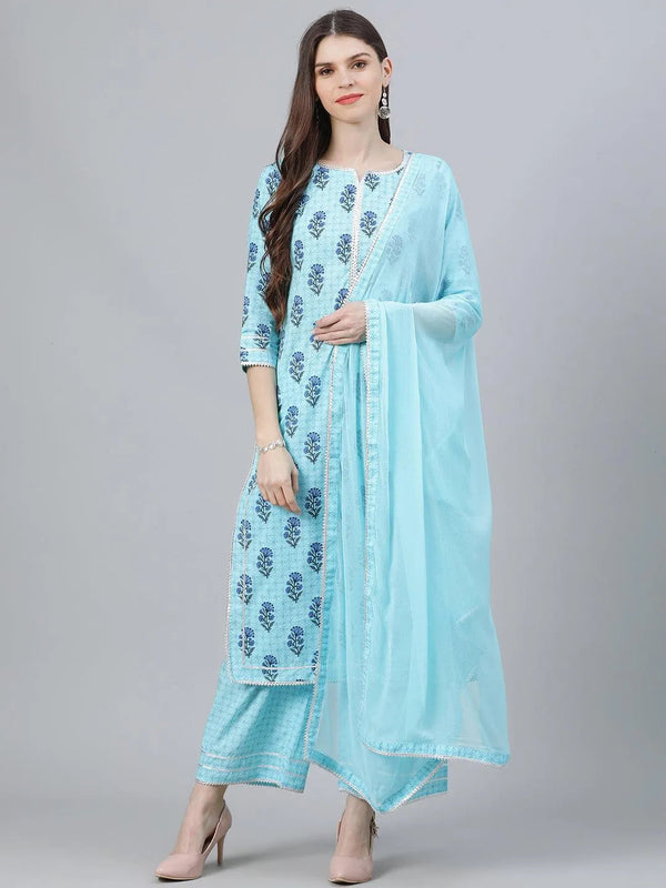 Blue Printed Cotton Suit Set - Jashvi