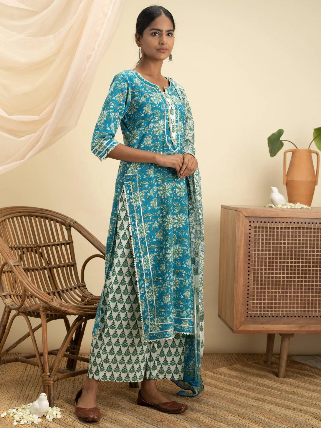 Blue Printed Cotton Suit Set - Jashvi