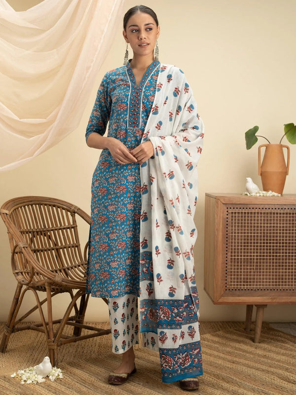 Blue Printed Cotton Suit Set - Jashvi