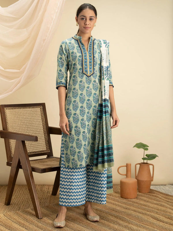 Blue Printed Cotton Suit Set - Jashvi