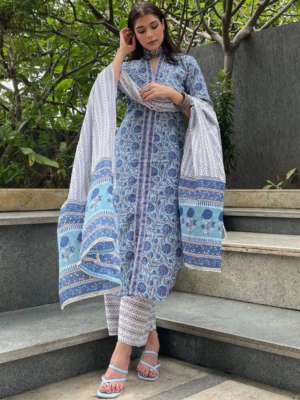 Blue Printed Cotton Suit Set - Jashvi