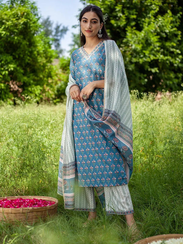 Blue Printed Cotton Suit Set - Jashvi