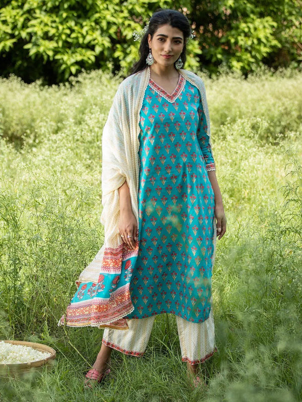 Blue Printed Cotton Straight Kurta With Palazzos & Dupatta