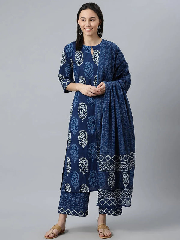 Blue Printed Cotton Suit Set - Jashvi