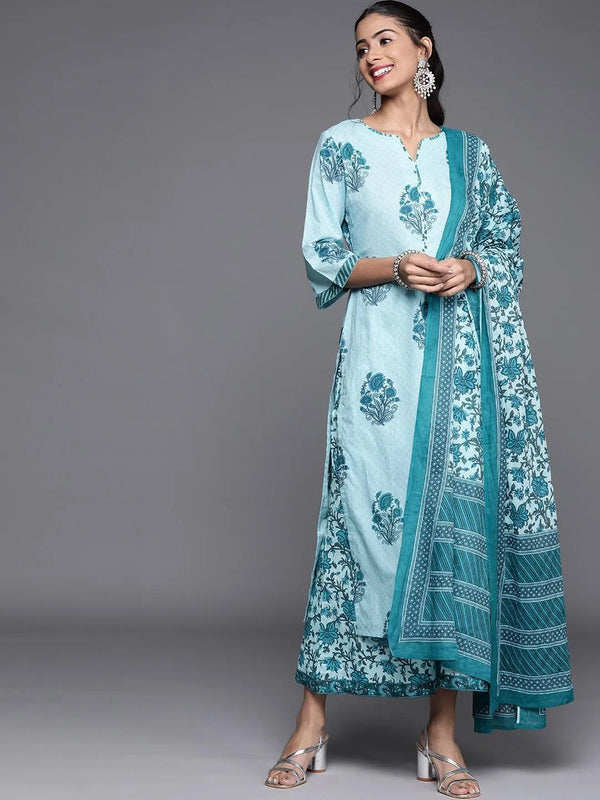 Blue Printed Cotton Suit Set - Jashvi