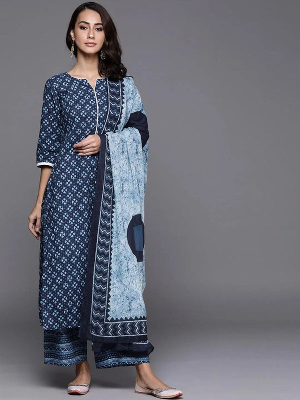 Blue Printed Cotton Suit Set - Jashvi