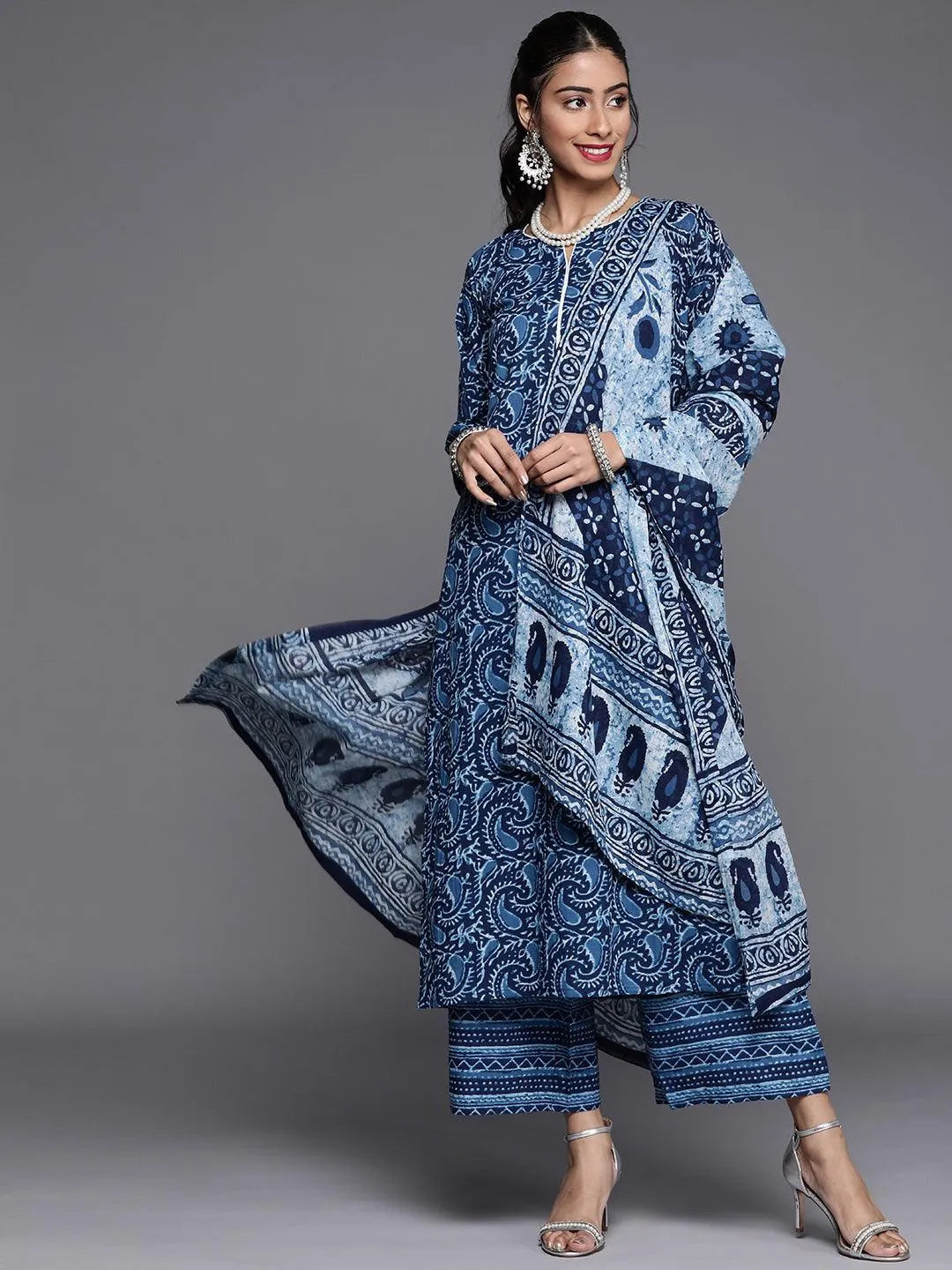 Blue Printed Cotton Suit Set - Jashvi