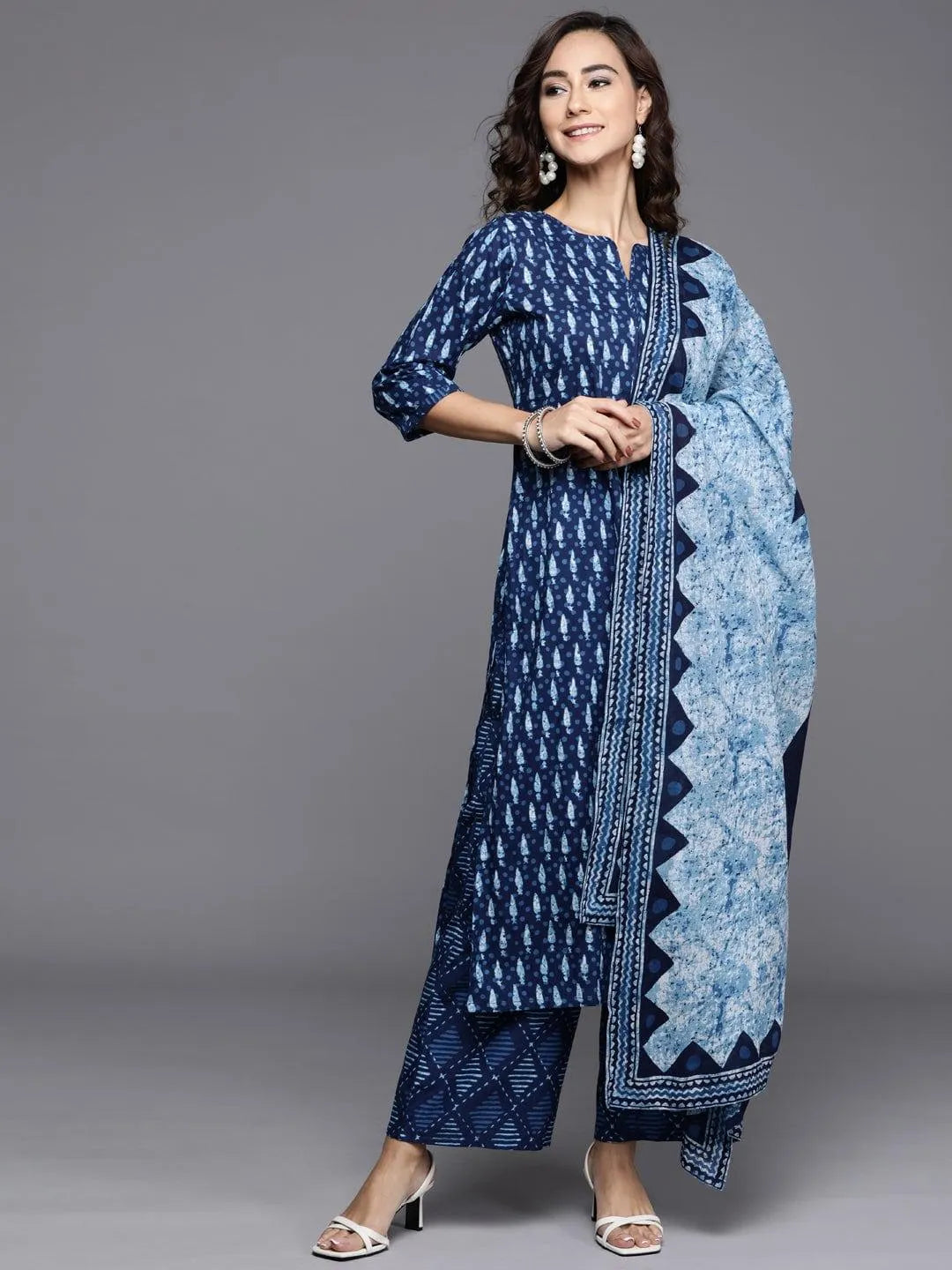 Blue Printed Cotton Suit Set - Jashvi